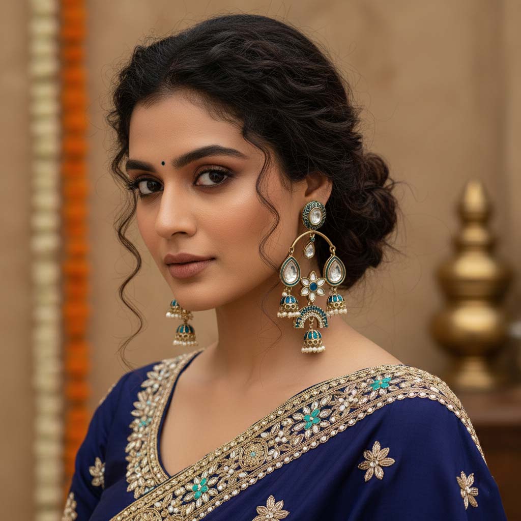 Turquoise Blue Color Kundan Earrings Featuring Unique Handcrafted Kundan Detailing With Bright Finish