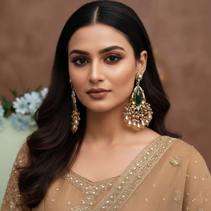 Green Color Kundan Earrings Designed With Intricate Handcrafted Details For Ethnic Fashion Lovers