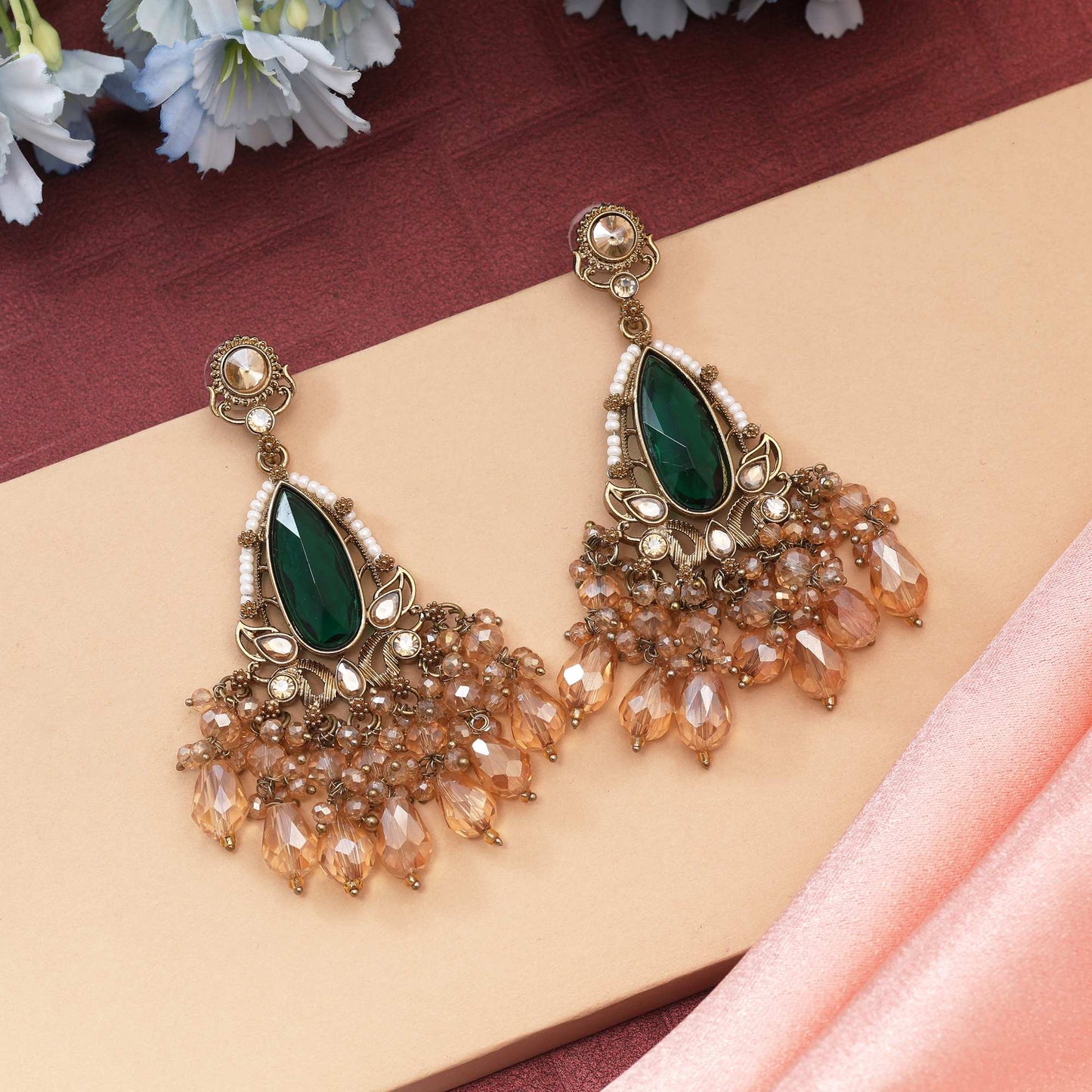 Green Color Kundan Earrings Designed With Intricate Handcrafted Details For Ethnic Fashion Lovers