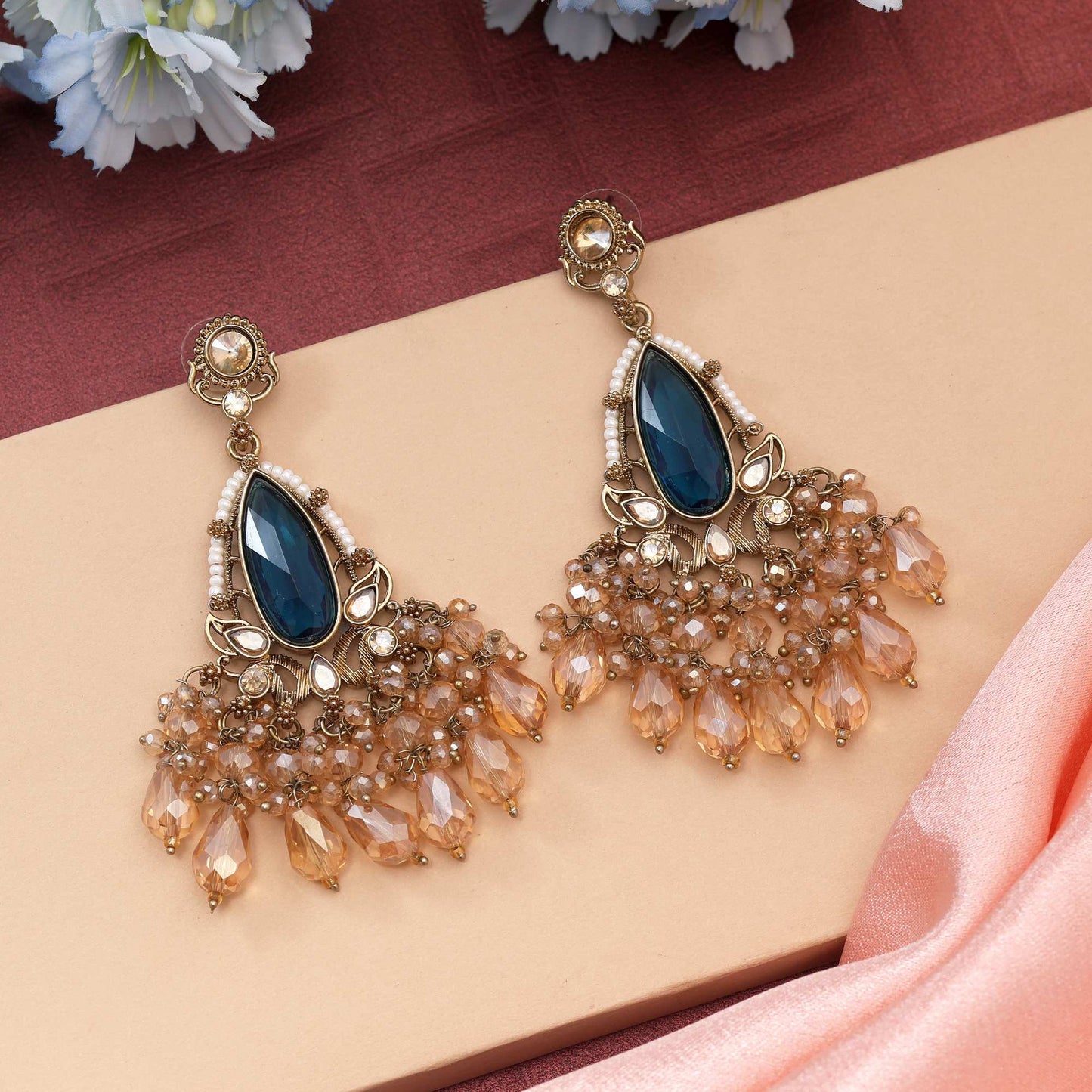 Turquoise Blue Color Kundan Earrings Designed With Unique Bold Kundan Stones For Festive Events