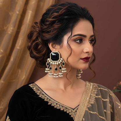 Black Color Kundan Earrings Designed With Bold Elegant Stones For Modern Traditional Fusion