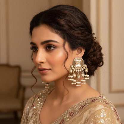Gold Color Kundan Earrings Designed With Premium Traditional Kundan Polished Work For Women