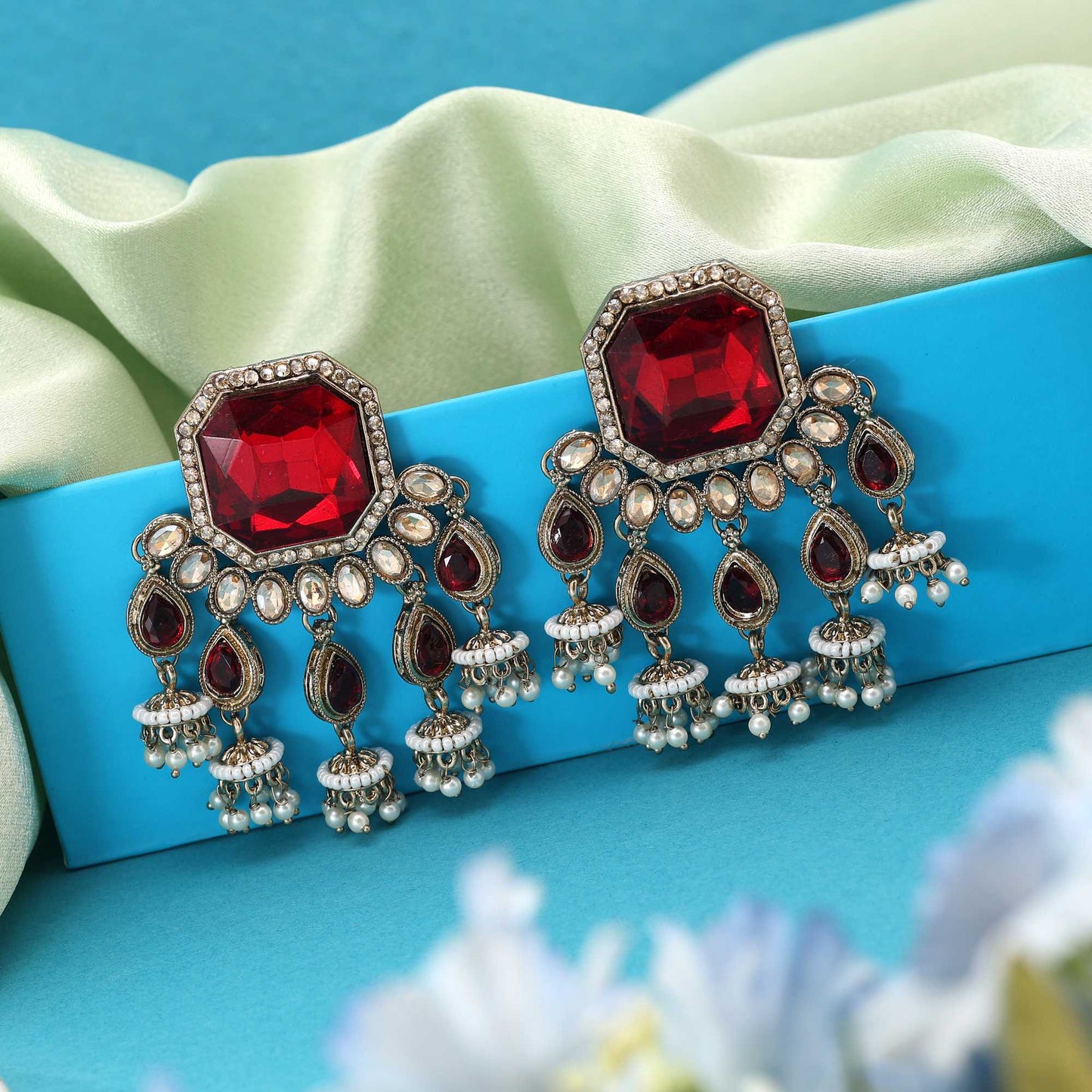 Maroon Color Kundan Earrings Featuring Traditional Polished Design Perfect For Ethnic Dressing