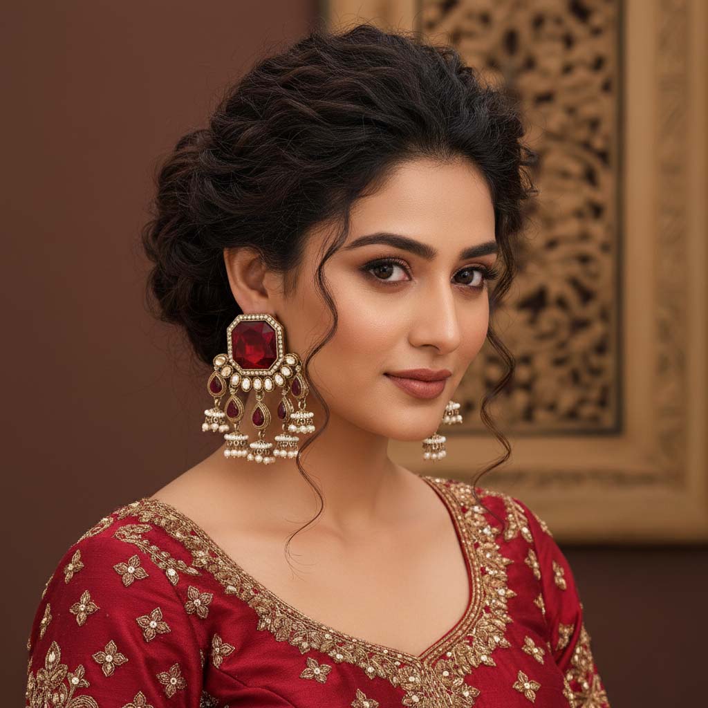 Maroon Color Kundan Earrings Featuring Traditional Polished Design Perfect For Ethnic Dressing