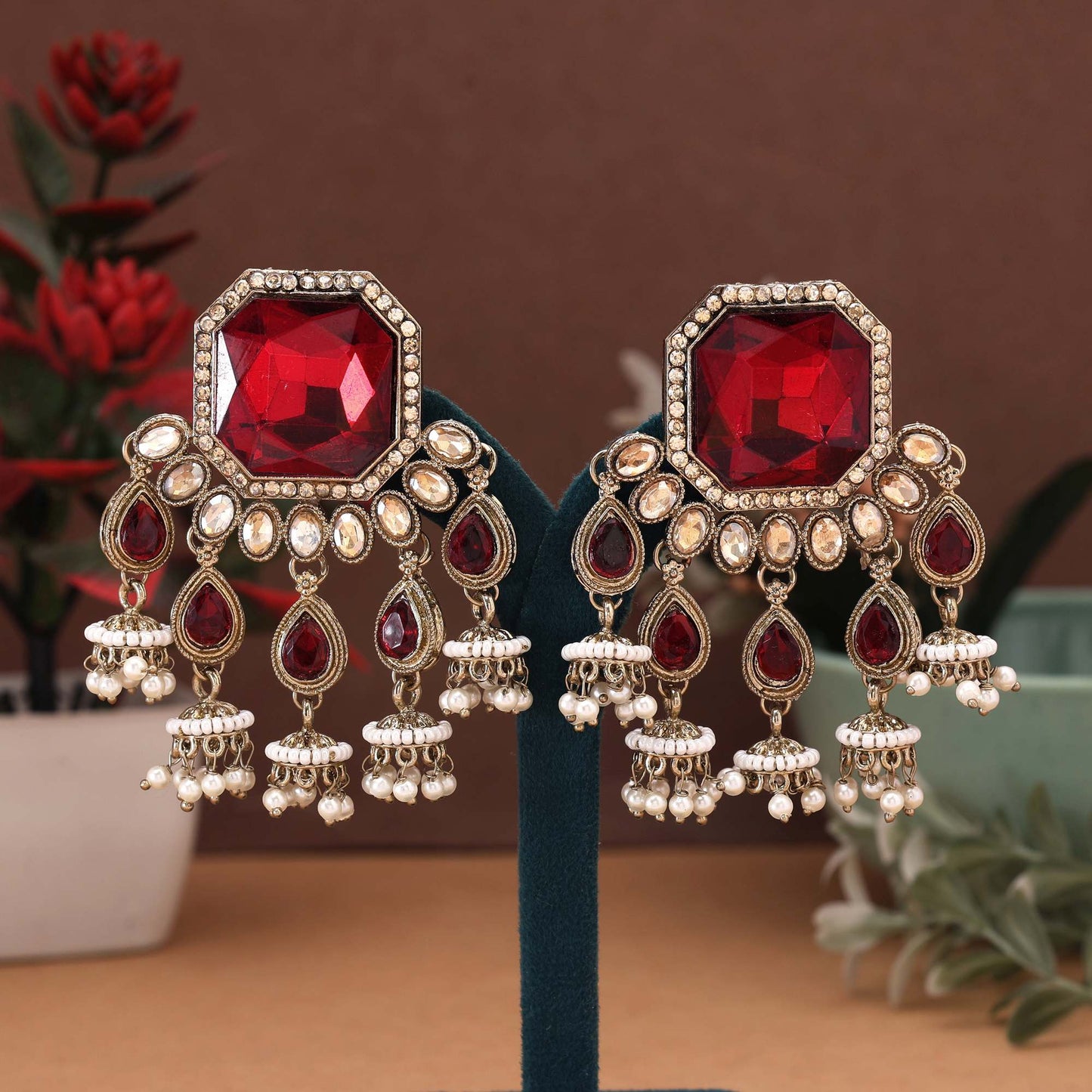 Maroon Color Kundan Earrings Featuring Traditional Polished Design Perfect For Ethnic Dressing