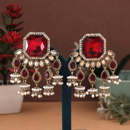 Maroon Color Kundan Earrings Featuring Traditional Polished Design Perfect For Ethnic Dressing