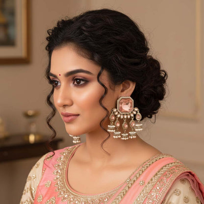 Pfirsichfarbene Kundan-Ohrringe mit weichem Pastell im traditionellen Kundan-Stil für elegante Outfits