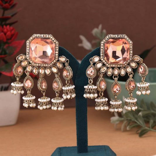 Peach Color Kundan Earrings Featuring Soft Pastel Traditional Kundan Style For Elegant Outfits