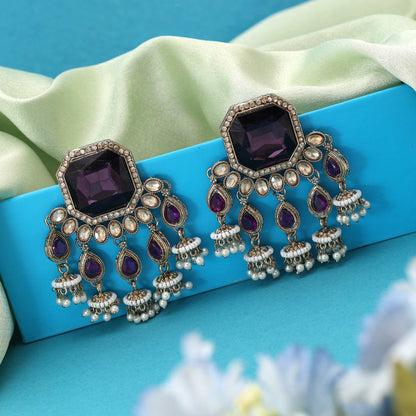 Purple Color Kundan Earrings Crafted With Royal Kundan Detailing Ideal For Festive Dressing