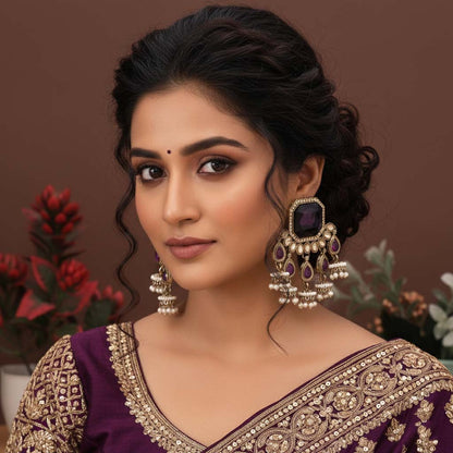 Purple Color Kundan Earrings Crafted With Royal Kundan Detailing Ideal For Festive Dressing