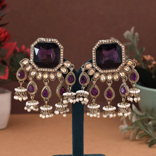 Purple Color Kundan Earrings Crafted With Royal Kundan Detailing Ideal For Festive Dressing
