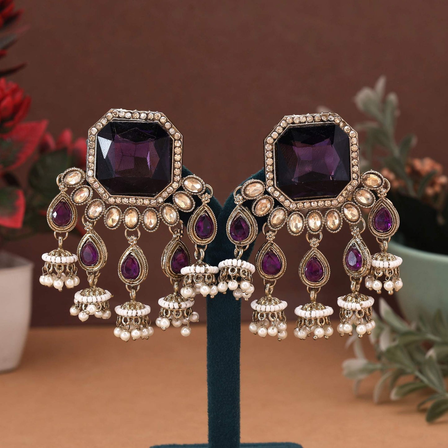 Purple Color Kundan Earrings Crafted With Royal Kundan Detailing Ideal For Festive Dressing