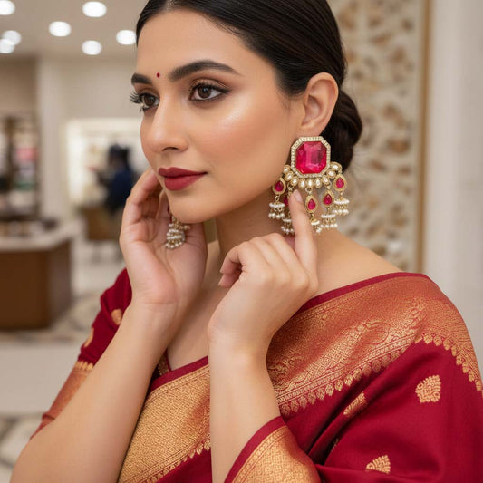 Rani Color Kundan Earrings Designed With Vibrant Ethnic Stones For Wedding And Party Wear