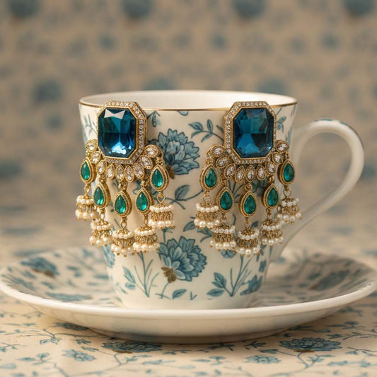 Turquoise Blue Color Kundan Earrings Crafted With Trendy Handmade Kundan Patterns For Women