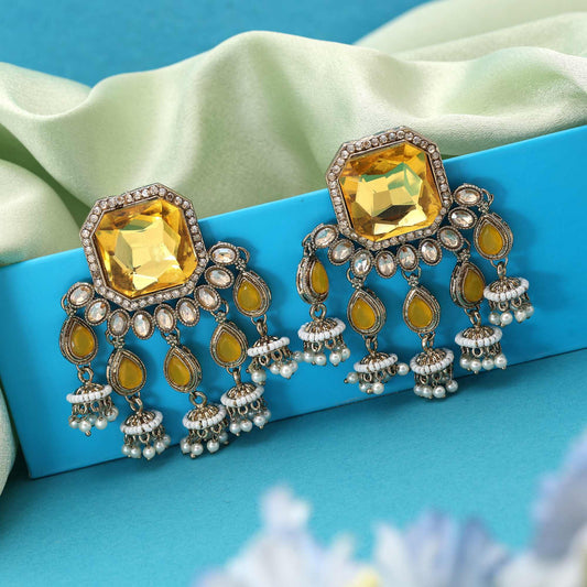Yellow Color Kundan Earrings Featuring Bright Ethnic Stones For Haldi And Festive Occasions
