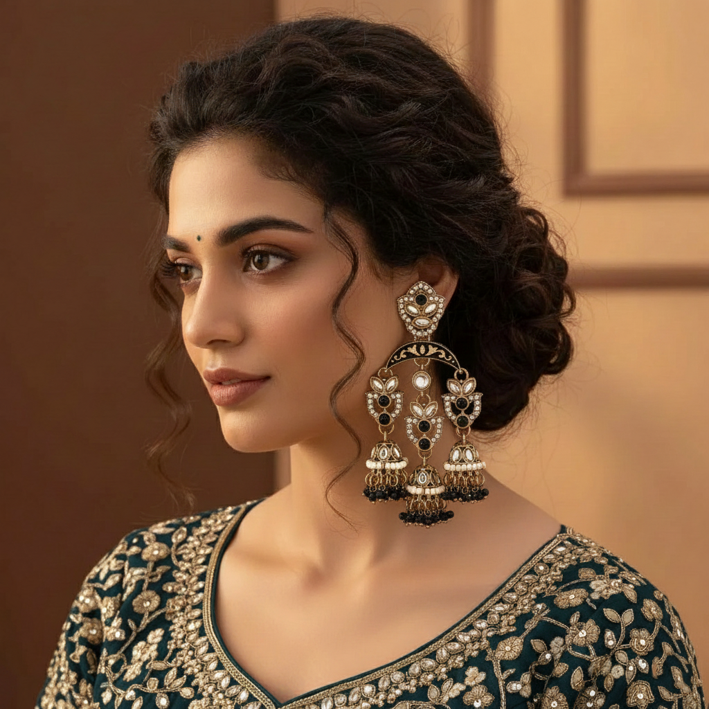 Black Color Kundan Earrings Designed With Unique Dark-Toned Kundan Stones For Stylish Outfits
