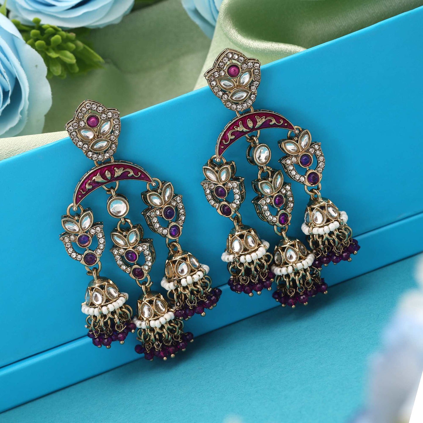 Purple Color Kundan Earrings Featuring Elegant Royal-Tone Handmade Kundan Craftwork For Women