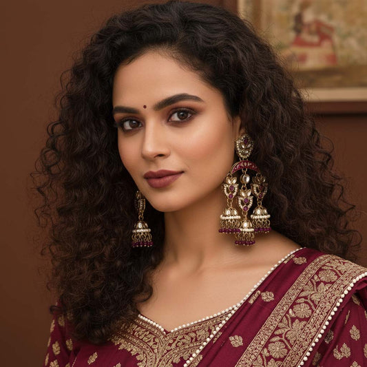 Purple Color Kundan Earrings Featuring Elegant Royal-Tone Handmade Kundan Craftwork For Women
