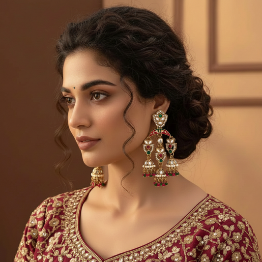 Rani & Green Color Kundan Earrings Featuring Dual-Tone Traditional Stones For Party Wear