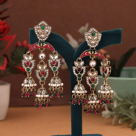 Rani & Green Color Kundan Earrings Featuring Dual-Tone Traditional Stones For Party Wear