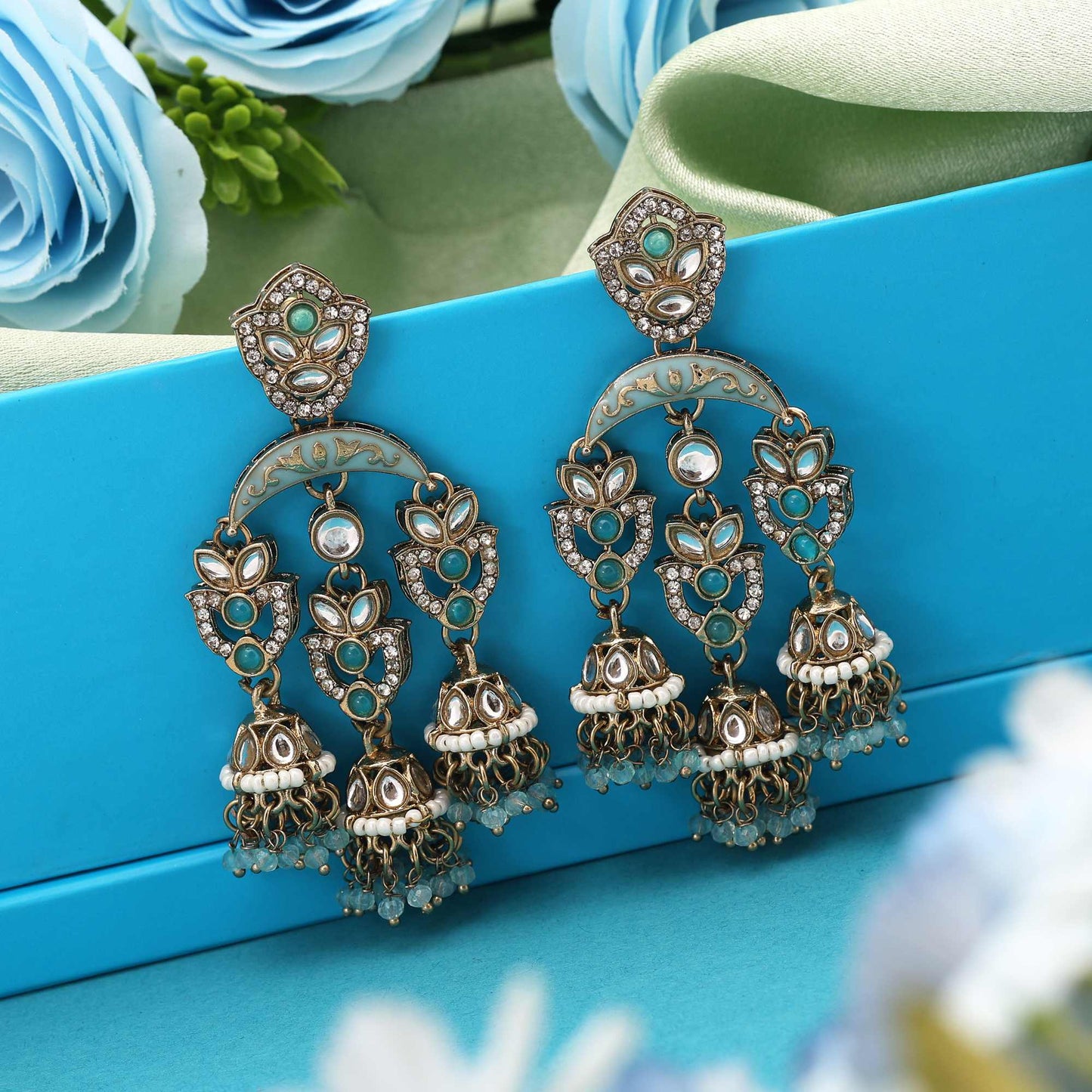 Sky Blue Color Kundan Earrings Designed With Soft Elegant Tone For Ethnic And Fusion Looks