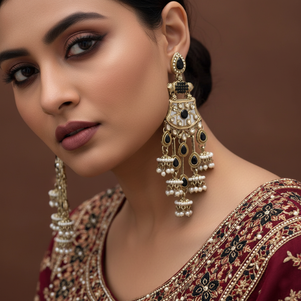 Schwarze Kundan-Ohrringe mit eleganten, dunklen traditionellen Steinen und handgefertigten Details