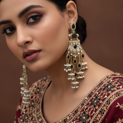 Schwarze Kundan-Ohrringe mit eleganten, dunklen traditionellen Steinen und handgefertigten Details