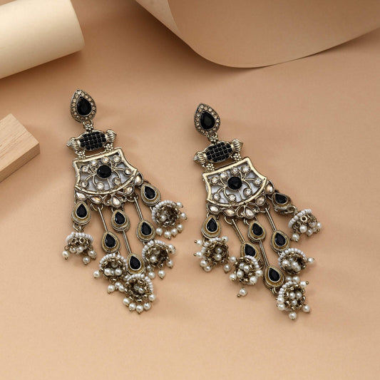 Black Color Kundan Earrings Featuring Elegant Dark Traditional Stones With Handmade Detailing