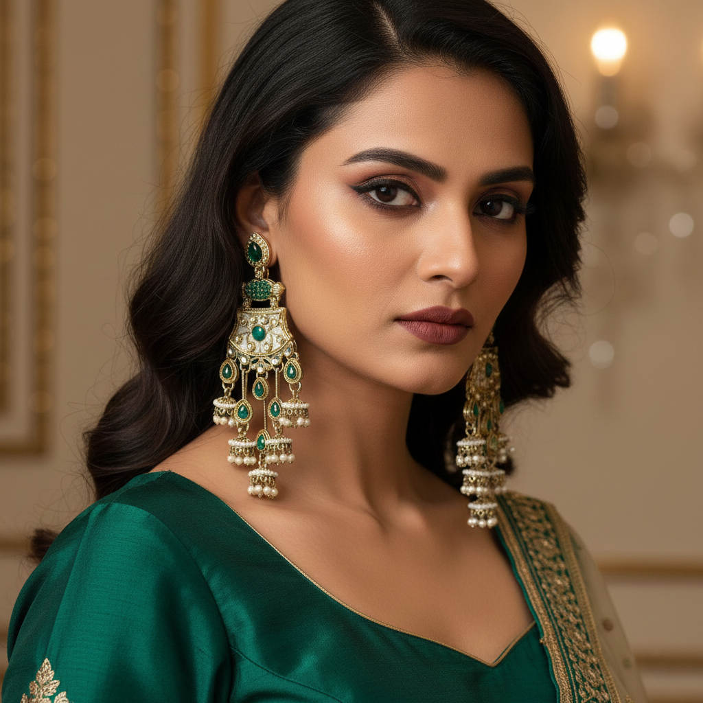 Green Color Kundan Earrings Designed With Rich Ethnic Handmade Kundan Craft For Festive Wear