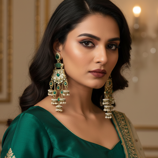 Green Color Kundan Earrings Designed With Rich Ethnic Handmade Kundan Craft For Festive Wear