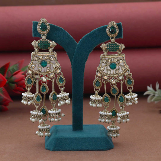 Green Color Kundan Earrings Designed With Rich Ethnic Handmade Kundan Craft For Festive Wear