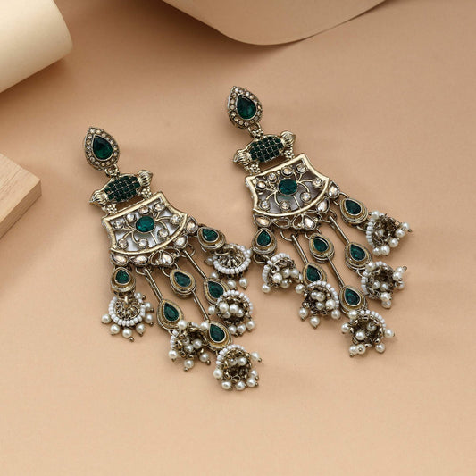 Green Color Kundan Earrings Designed With Rich Ethnic Handmade Kundan Craft For Festive Wear