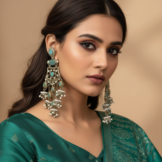 Light Green Color Kundan Earrings Featuring Soft-Toned Stones For Elegant Traditional Outfits
