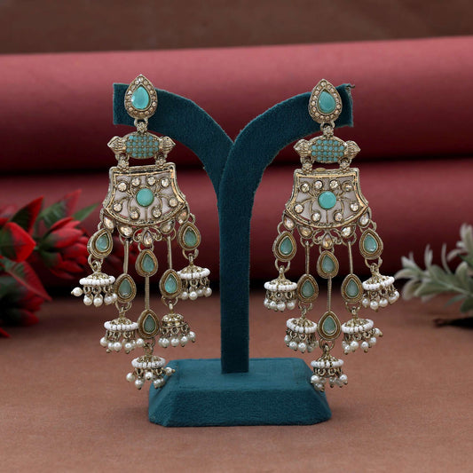 Light Green Color Kundan Earrings Featuring Soft-Toned Stones For Elegant Traditional Outfits