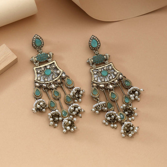 Light Green Color Kundan Earrings Featuring Soft-Toned Stones For Elegant Traditional Outfits