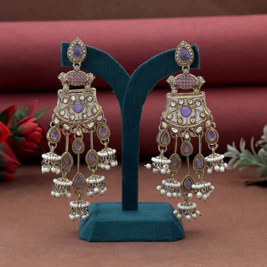 Light Purple Color Kundan Earrings Featuring Graceful Pastel Handmade Stones For Ethnic Styling
