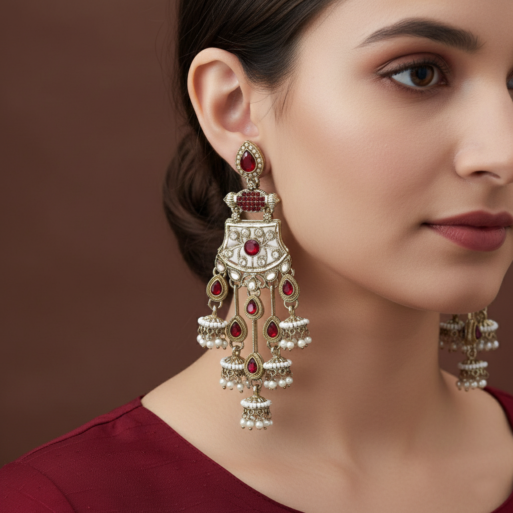 Maroon Color Kundan Earrings Crafted With Intricate Bridal Style Traditional Kundan Design