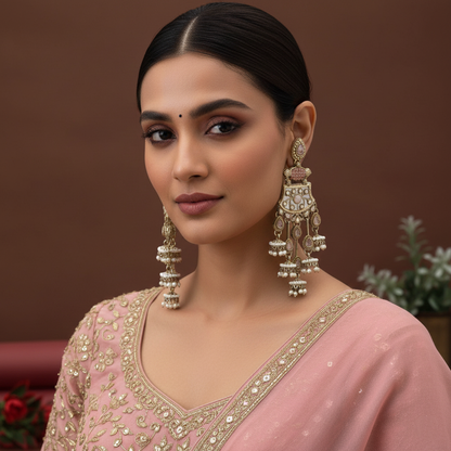 Pinkfarbene Kundan-Ohrringe, gefertigt mit wunderschöner, handgemachter Kundan-Arbeit für Damenmode