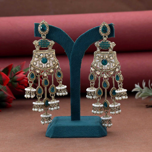 Rama Green Color Kundan Earrings Designed With Deep Ethnic Tone Kundan Work For Occasions