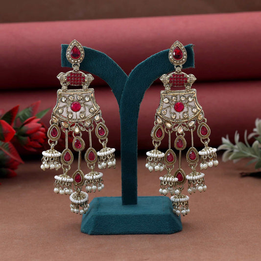 Rani Color Kundan Earrings Featuring Beautiful Bright Traditional Stones For Bridal Looks