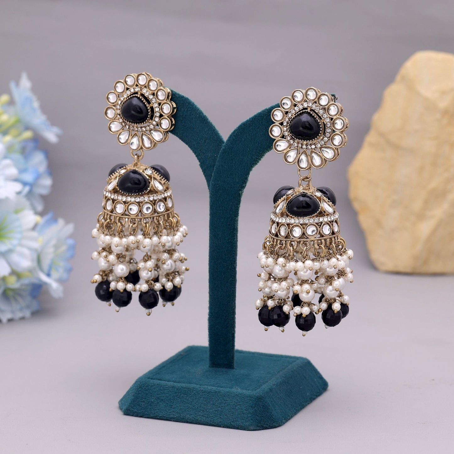 Black Color Kundan Earrings Crafted For Bold Ethnic And Party Wear
