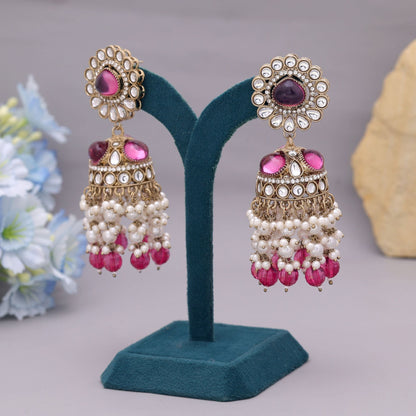 Magenta Color Kundan Earrings Featuring Rich Tone And Festive Appeal
