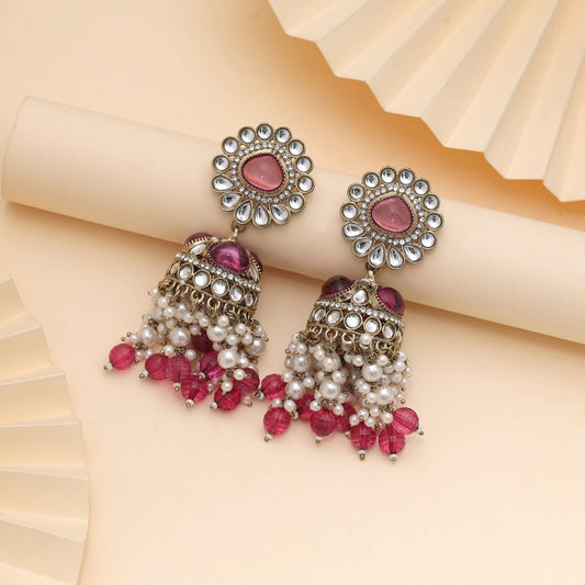 Magenta Color Kundan Earrings Featuring Rich Tone And Festive Appeal
