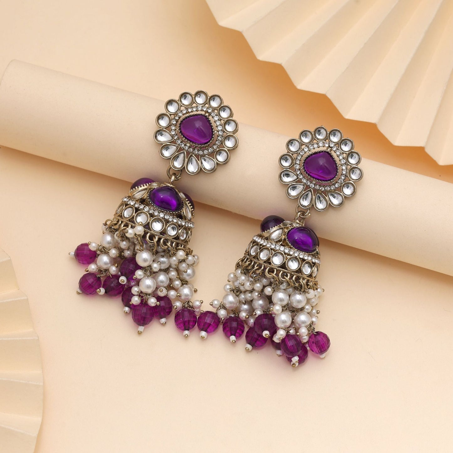 Purple Color Kundan Earrings Designed For Elegant Traditional Festive Styling