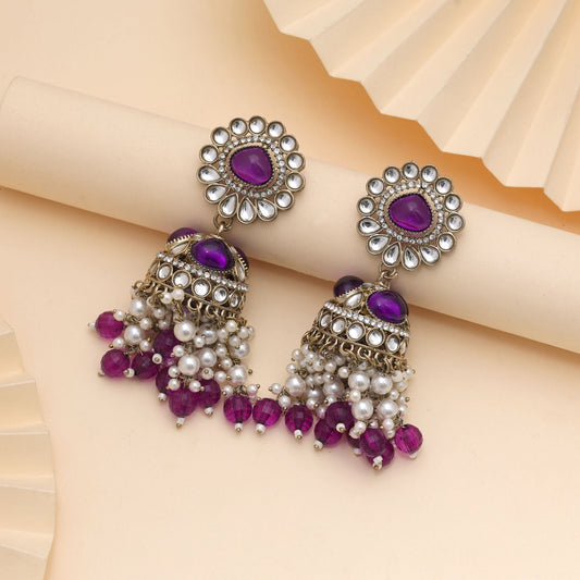 Purple Color Kundan Earrings Designed For Elegant Traditional Festive Styling