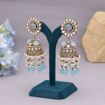 Sky Blue Color Kundan Earrings Styled For Soft Elegant Traditional Outfits