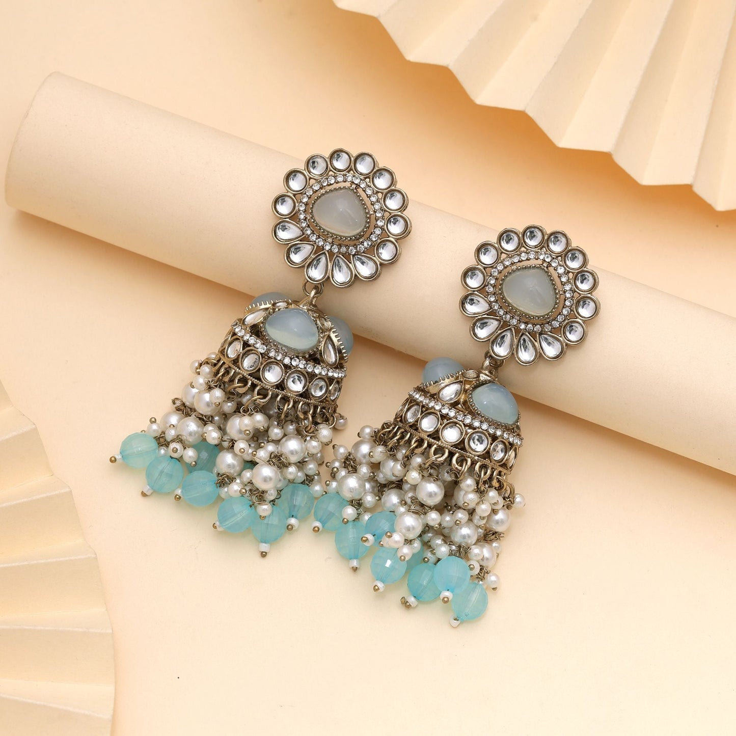 Sky Blue Color Kundan Earrings Styled For Soft Elegant Traditional Outfits