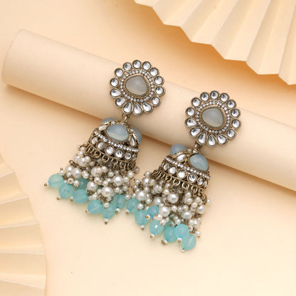 Sky Blue Color Kundan Earrings Styled For Soft Elegant Traditional Outfits