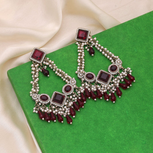 Maroon Color Kundan Earrings With Traditional Design For Celebrations