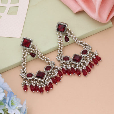 Maroon Color Kundan Earrings With Traditional Design For Celebrations